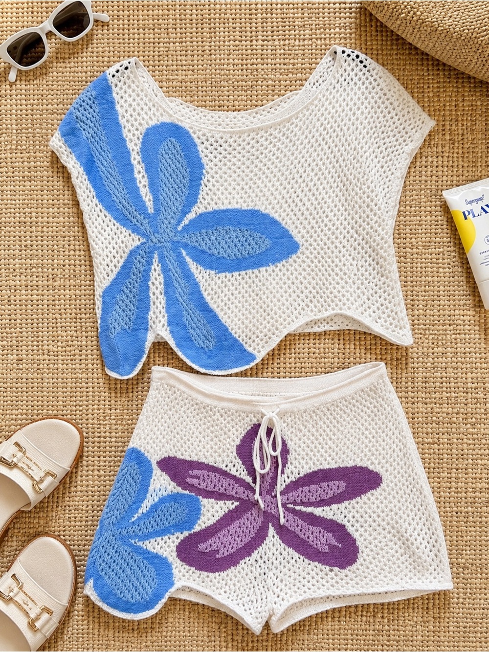 Women’s White Crochet Swim Coverup Set with Blue & Purple Floral Accents